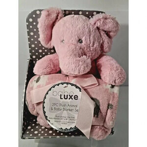 Babe Lux Plush Animal Elephant and Baby Blanket Set Pink and White New